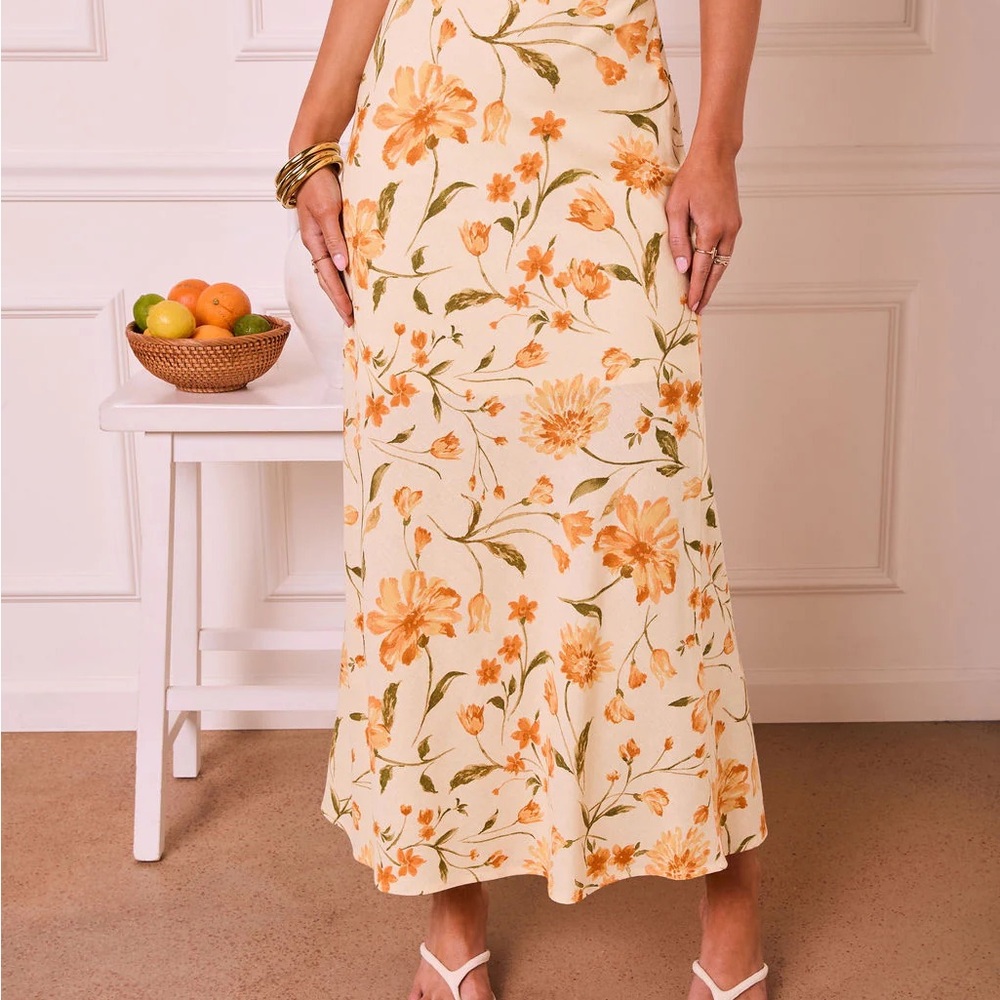 Vici Cream Midi Skirt with Orange Floral Print